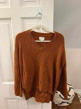 Everly Ribbed V-Neck Sweater in Rusty Orange